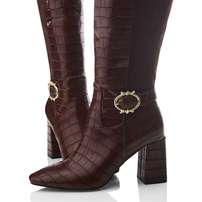 Knee High Boots Women Moda In Pelle Saretta Brown Patent Mocc Croc