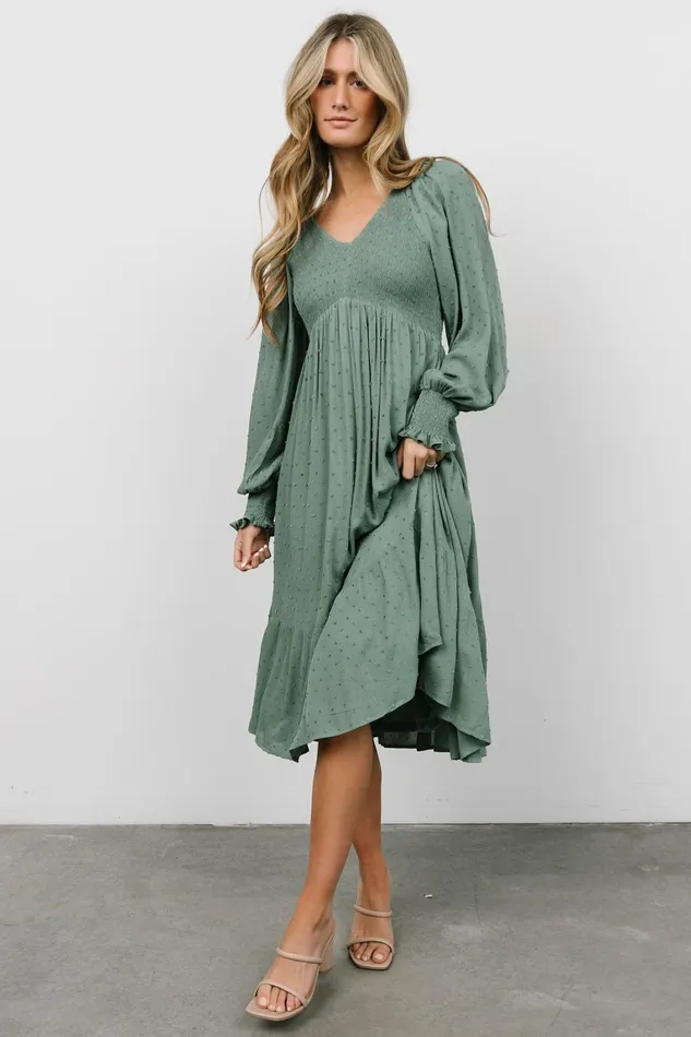 Lainey Smocked Dotted Midi Dress Dark Sage Women Baltic Born Mother Of The Bride