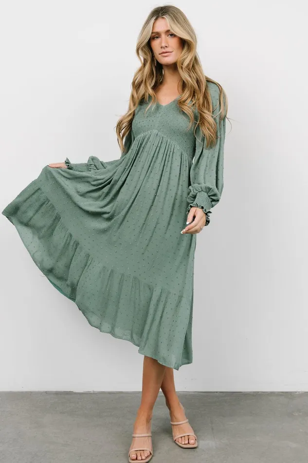 Lainey Smocked Dotted Midi Dress Dark Sage Women Baltic Born Mother Of The Bride Lainey Smocked Dotted Midi Dress Dark Sage Women Baltic Born Mother Of The Bride