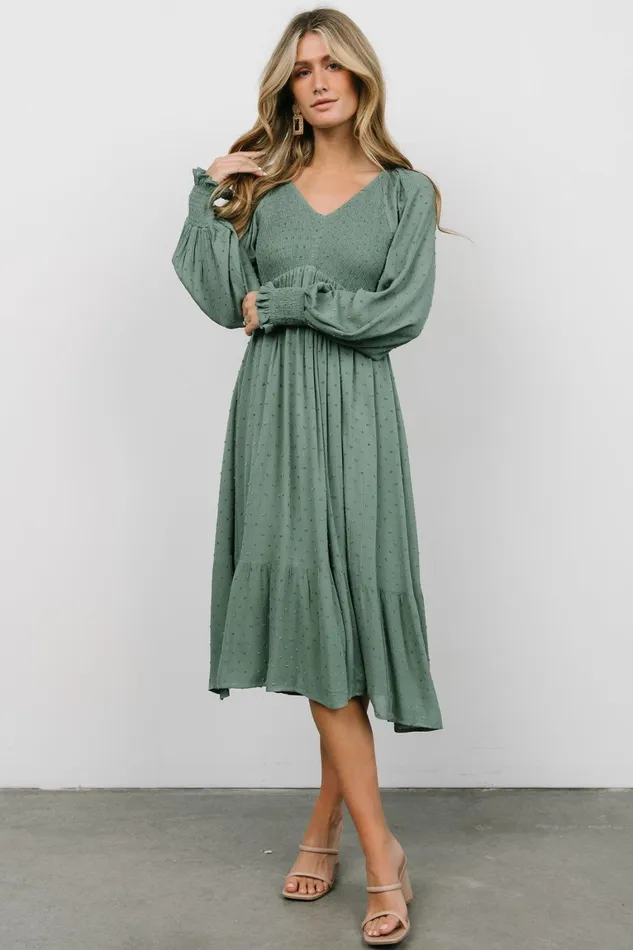 Lainey Smocked Dotted Midi Dress Dark Sage Women Baltic Born Mother Of The Bride Lainey Smocked Dotted Midi Dress Dark Sage Women Baltic Born Mother Of The Bride