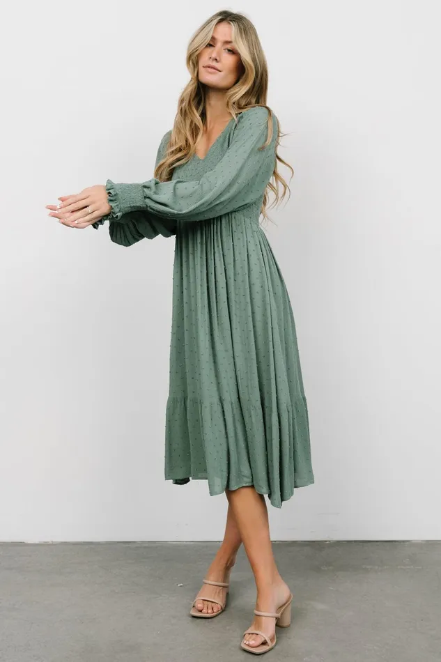 Lainey Smocked Dotted Midi Dress Dark Sage Women Baltic Born Mother Of The Bride Lainey Smocked Dotted Midi Dress Dark Sage Women Baltic Born Mother Of The Bride
