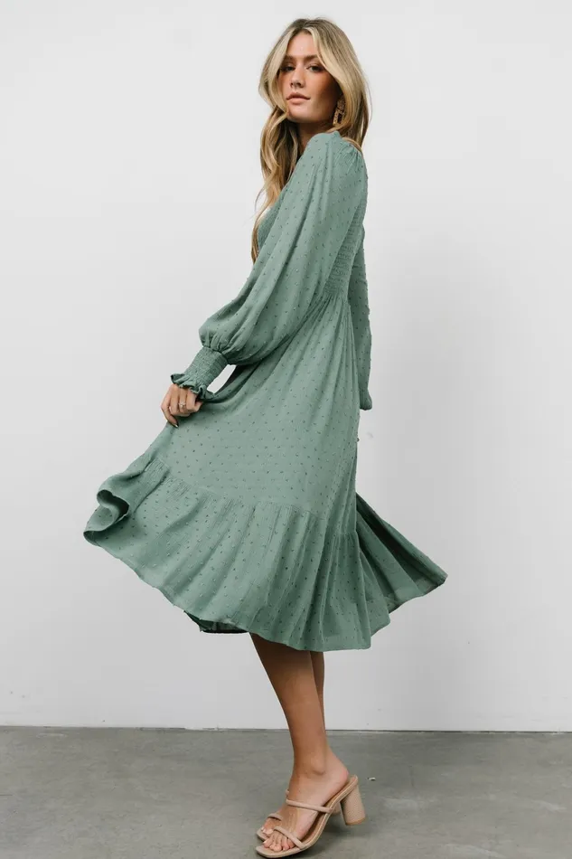 Lainey Smocked Dotted Midi Dress Dark Sage Women Baltic Born Mother Of The Bride Lainey Smocked Dotted Midi Dress Dark Sage Women Baltic Born Mother Of The Bride