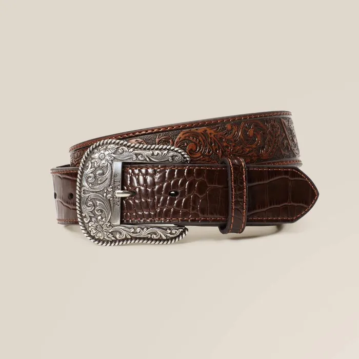 Leaf Emboss Crock End Belt Brown Men Ariat Belts