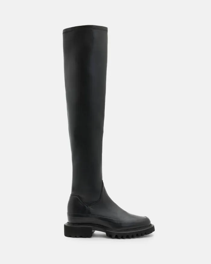 Leona Over The Knee Leather Boots Black Women AllSaints Shoes and Boots