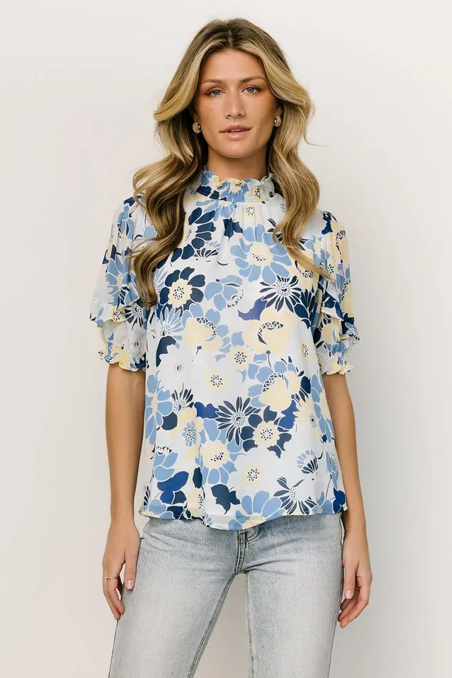 Lisa Ruffle Sleeve Top Blue Floral Women Baltic Born Blouses Shirts