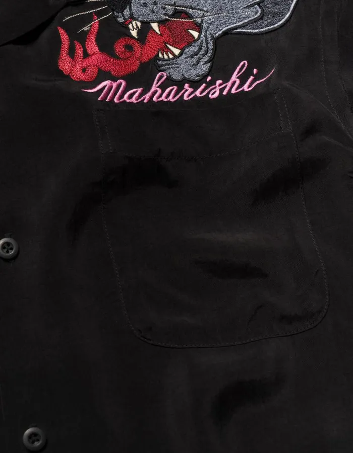 Maharishi Short Sleeve Shirts 5315 Dual Panthers Camp Collar Shirt Black 8211 Men