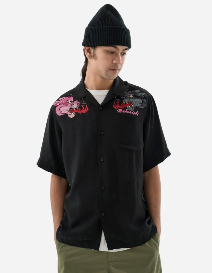 Maharishi Short Sleeve Shirts 5315 Dual Panthers Camp Collar Shirt Black 8211 Men