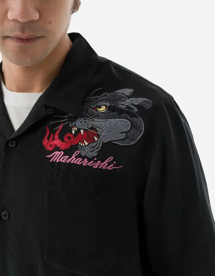 Maharishi Short Sleeve Shirts 5315 Dual Panthers Camp Collar Shirt Black 8211 Men