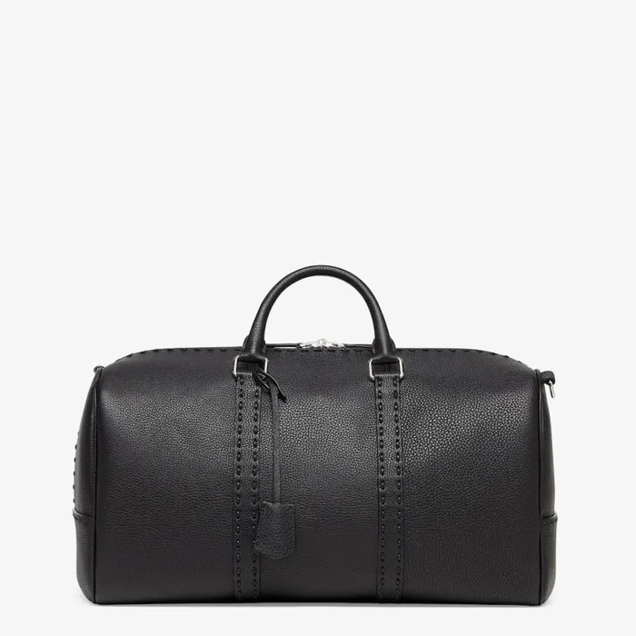 Man Black Cuoio Romano Leather Holdall Bag Black Fendi Travel Bags
