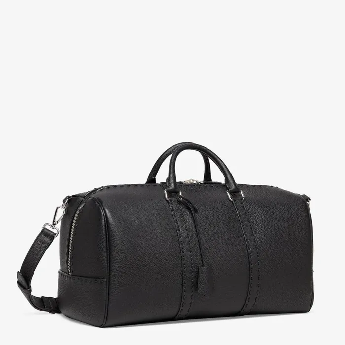 Man Black Cuoio Romano Leather Holdall Bag Black Fendi Travel Bags