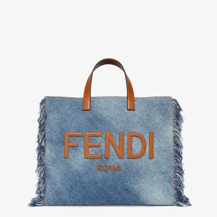 Man Blue Denim Bag With Fringe Blue Fendi Tote Bags