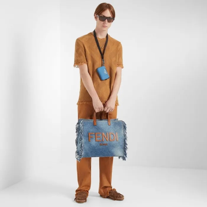 Man Blue Denim Bag With Fringe Blue Fendi Tote Bags