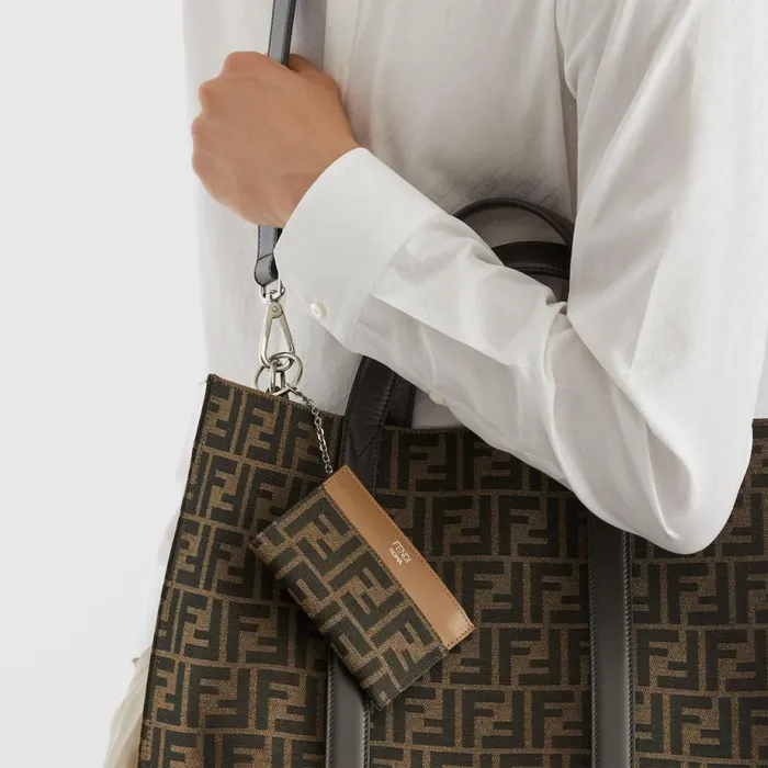 Man Brown Fabric Key Case Brown Fendi Key Rings and Bag Accessories