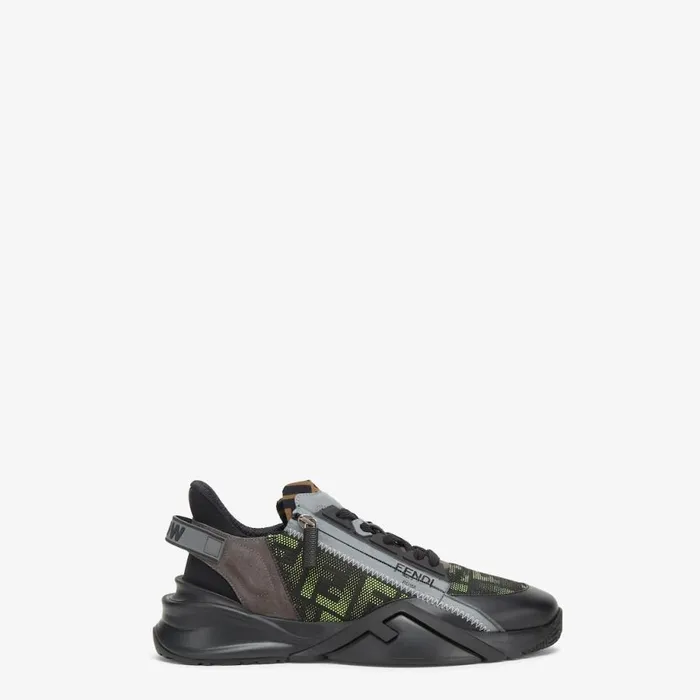 Man Neon Yellow And Black Fabric Running Sneakers Black Fendi Fendi Flow