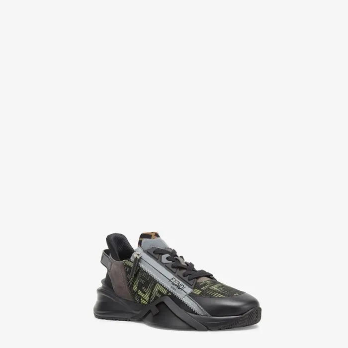 Man Neon Yellow And Black Fabric Running Sneakers Black Fendi Fendi Flow