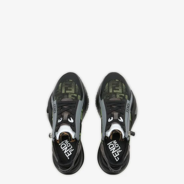 Man Neon Yellow And Black Fabric Running Sneakers Black Fendi Fendi Flow