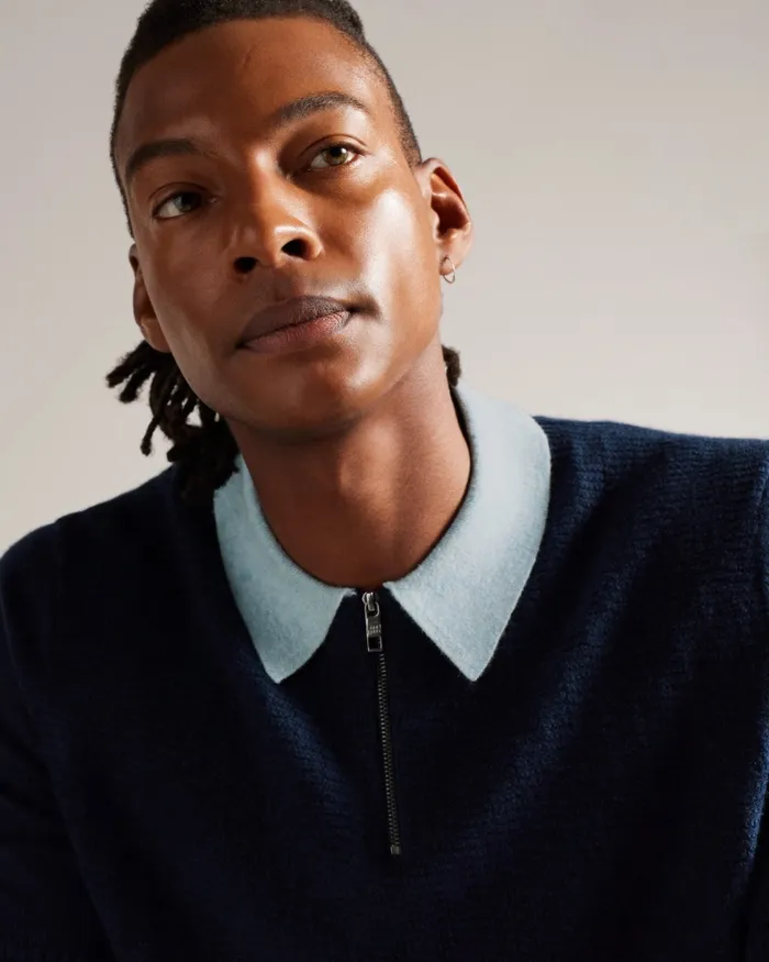 Men ARWIK 8211 Textured Knit Contrast Collar Polo Navy Ted Baker Jumpers and Knitwear Men ARWIK 8211 Textured Knit Contrast Collar Polo Navy Ted Baker Jumpers and Knitwear