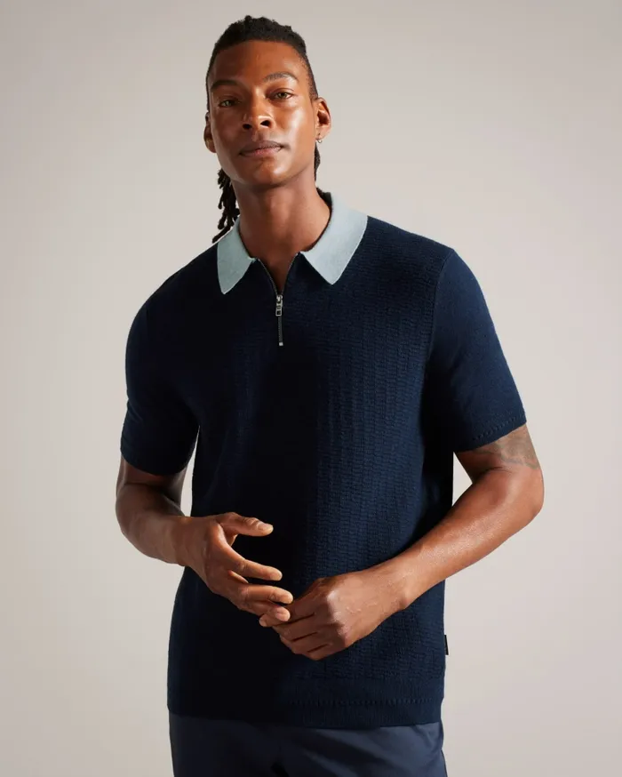Men ARWIK 8211 Textured Knit Contrast Collar Polo Navy Ted Baker Jumpers and Knitwear Men ARWIK 8211 Textured Knit Contrast Collar Polo Navy Ted Baker Jumpers and Knitwear