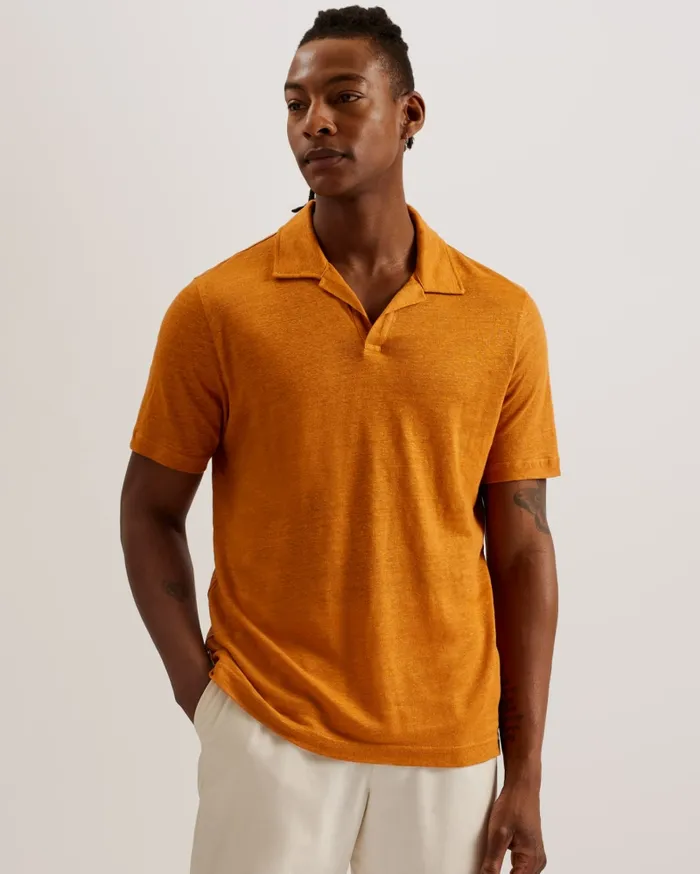 Men FLINPO 8211 Linen Revere Collar Polo Shirt Medium Orange Ted Baker Tops Men FLINPO 8211 Linen Revere Collar Polo Shirt Medium Orange Ted Baker Tops
