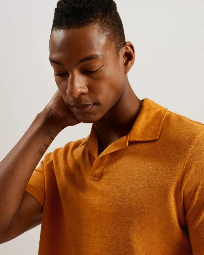 Men FLINPO 8211 Linen Revere Collar Polo Shirt Medium Orange Ted Baker Tops Men FLINPO 8211 Linen Revere Collar Polo Shirt Medium Orange Ted Baker Tops