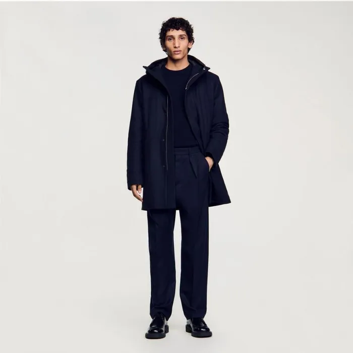Men Jackets SANDRO Hooded Wool Parka Navy Blue