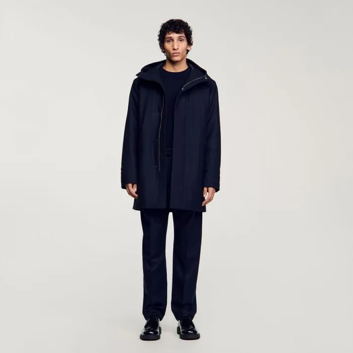 Men Jackets SANDRO Hooded Wool Parka Navy Blue