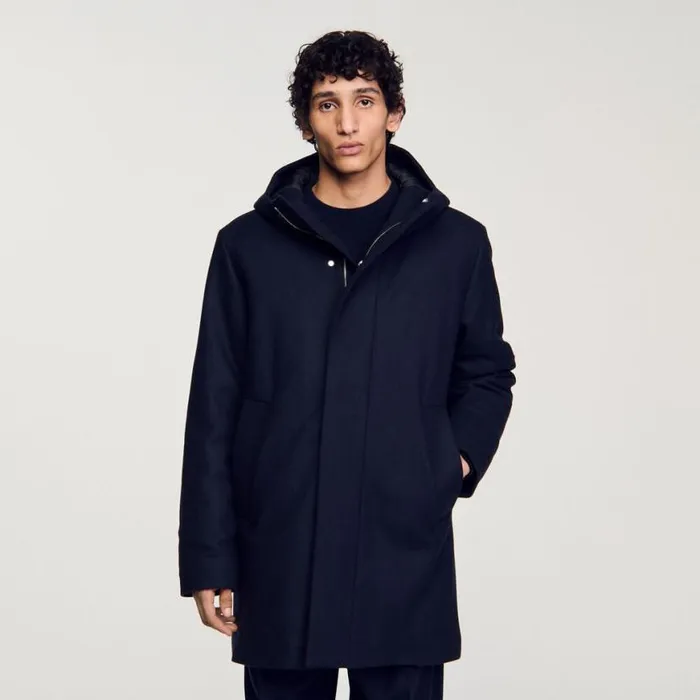 Men Jackets SANDRO Hooded Wool Parka Navy Blue