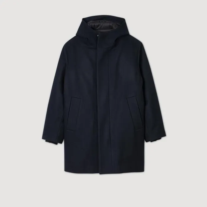 Men Jackets SANDRO Hooded Wool Parka Navy Blue