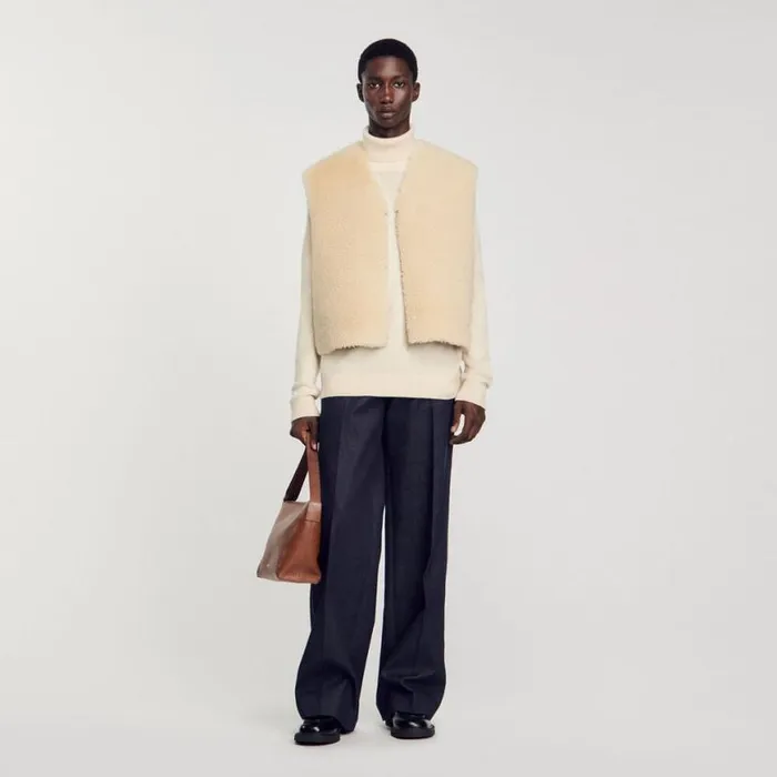 Men Jackets SANDRO Sleeveless Shearling Cardigan Ecru
