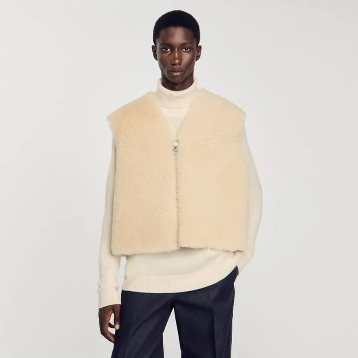 Men Jackets SANDRO Sleeveless Shearling Cardigan Ecru