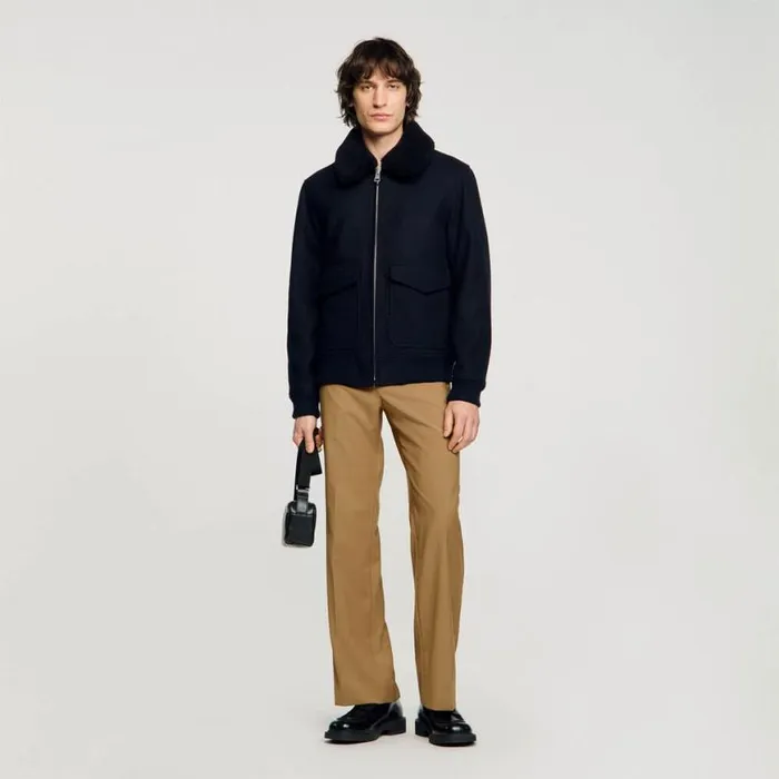 Men Jackets SANDRO Wool Aviator Jacket Navy Blue
