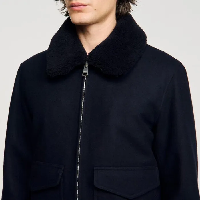 Men Jackets SANDRO Wool Aviator Jacket Navy Blue