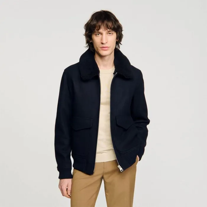 Men Jackets SANDRO Wool Aviator Jacket Navy Blue