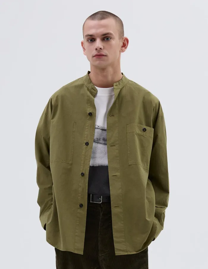 Men Mhl Oversized Collarless Shirt Olive Green Margaret Howell Shirts