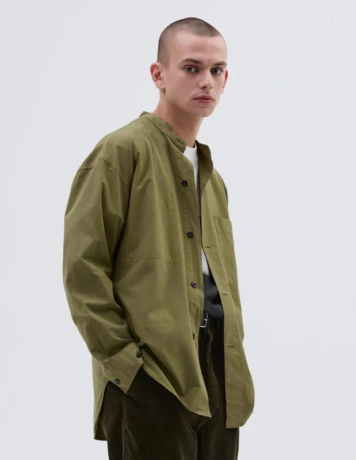 Men Mhl Oversized Collarless Shirt Olive Green Margaret Howell Shirts