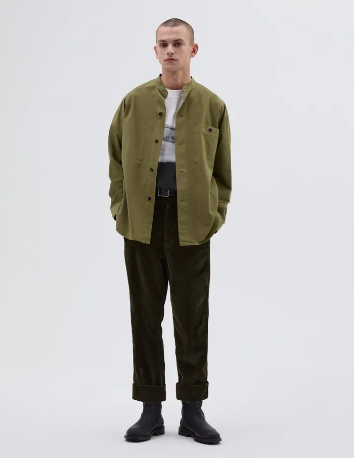 Men Mhl Oversized Collarless Shirt Olive Green Margaret Howell Shirts