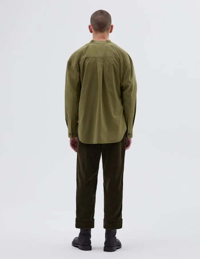 Men Mhl Oversized Collarless Shirt Olive Green Margaret Howell Shirts