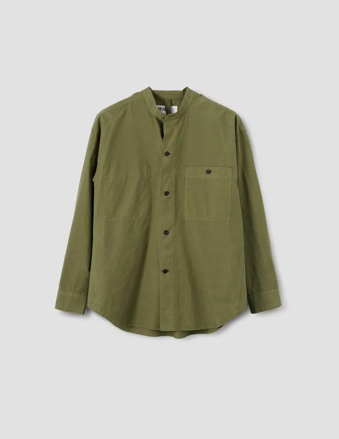 Men Mhl Oversized Collarless Shirt Olive Green Margaret Howell Shirts