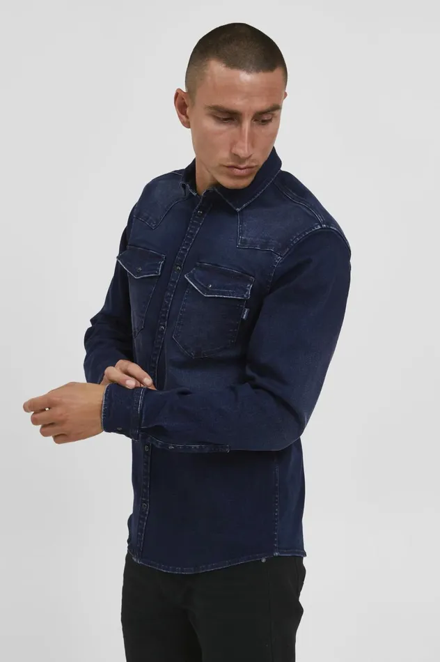 Men Shirts Blend Long Sleeved Shirt Denim Raw Blue
