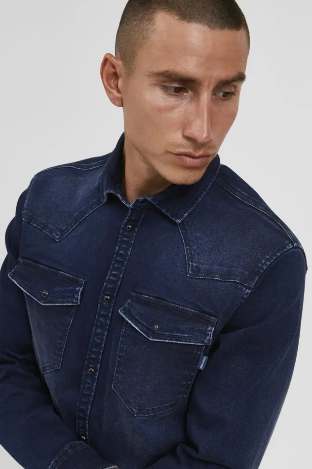Men Shirts Blend Long Sleeved Shirt Denim Raw Blue