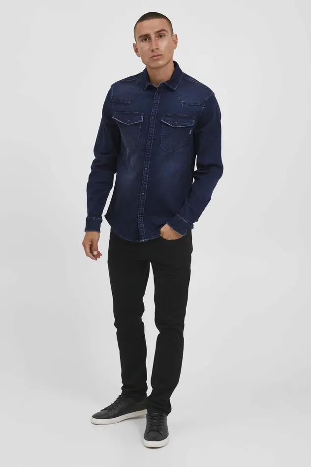 Men Shirts Blend Long Sleeved Shirt Denim Raw Blue