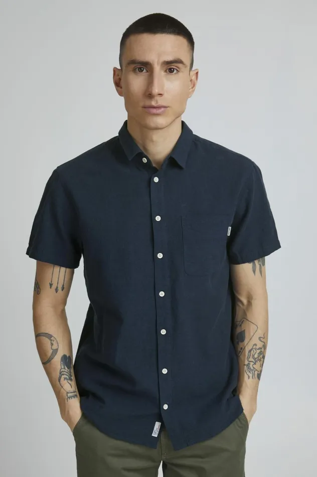 Men Shirts Blend Short Sleeved Shirt Dress Blues