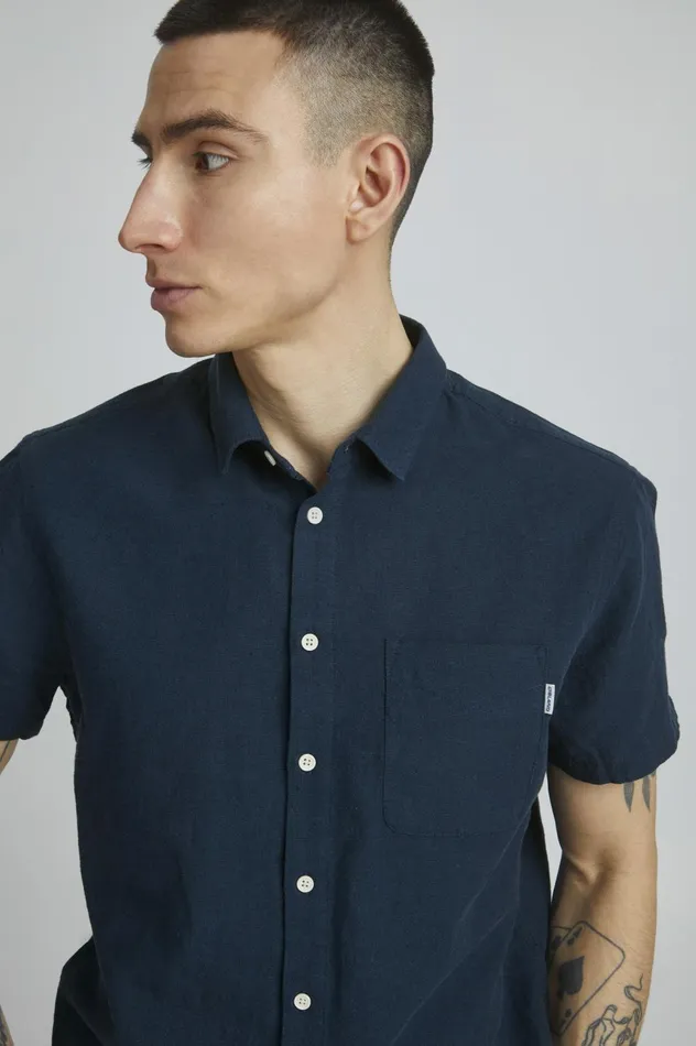 Men Shirts Blend Short Sleeved Shirt Dress Blues