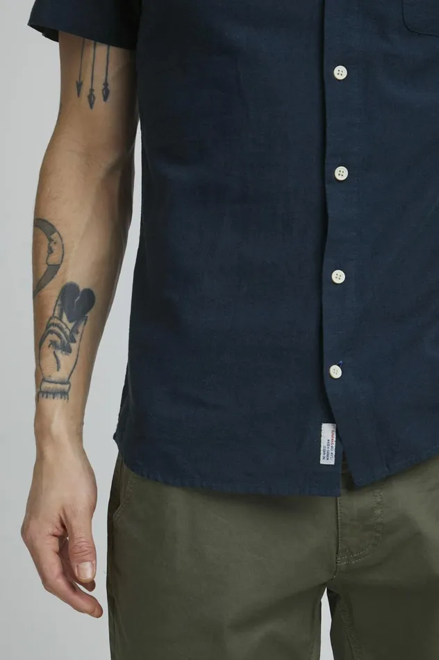 Men Shirts Blend Short Sleeved Shirt Dress Blues