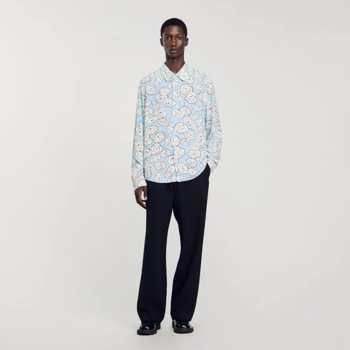 Men Shirts SANDRO Camellia Motif Shirt Sky Blue