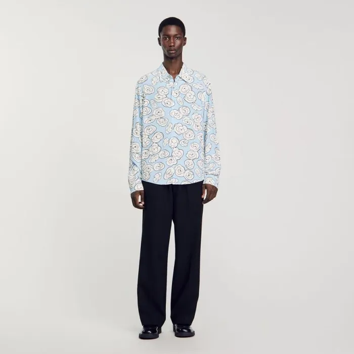 Men Shirts SANDRO Camellia Motif Shirt Sky Blue