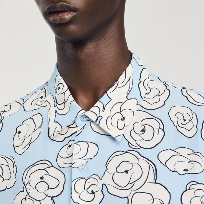 Men Shirts SANDRO Camellia Motif Shirt Sky Blue