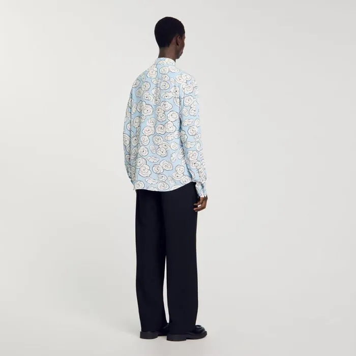 Men Shirts SANDRO Camellia Motif Shirt Sky Blue