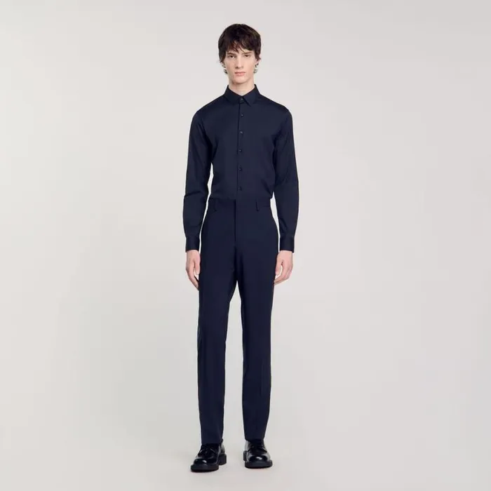 Men Shirts SANDRO Fitted Stretch Cotton Shirt Navy Blue