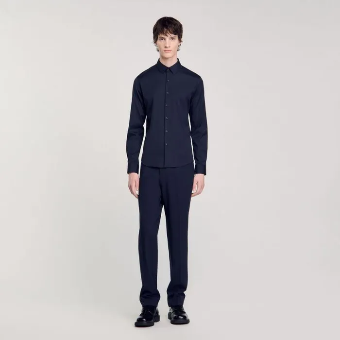 Men Shirts SANDRO Fitted Stretch Cotton Shirt Navy Blue